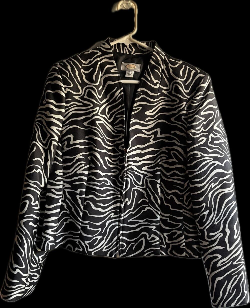 Talbots Zebra Print Full Zip Jacket Blazer Womens Size 8 Black White Lined Crop